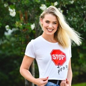 Women White Stop & Pray Crop Top